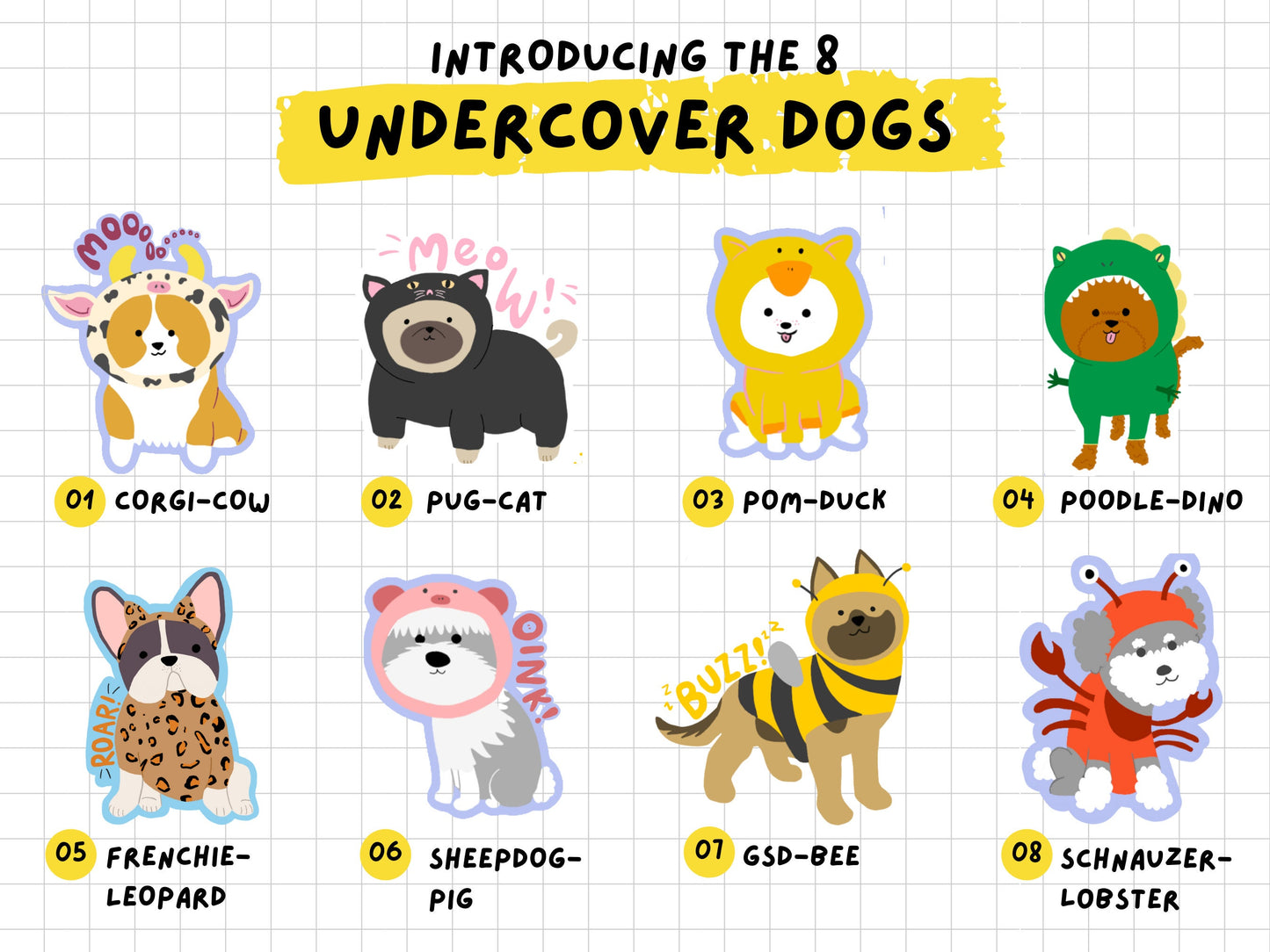 Cute Undercover Dogs Sticker Sheet (4"x6") | Laptop & Water Bottle Stickers