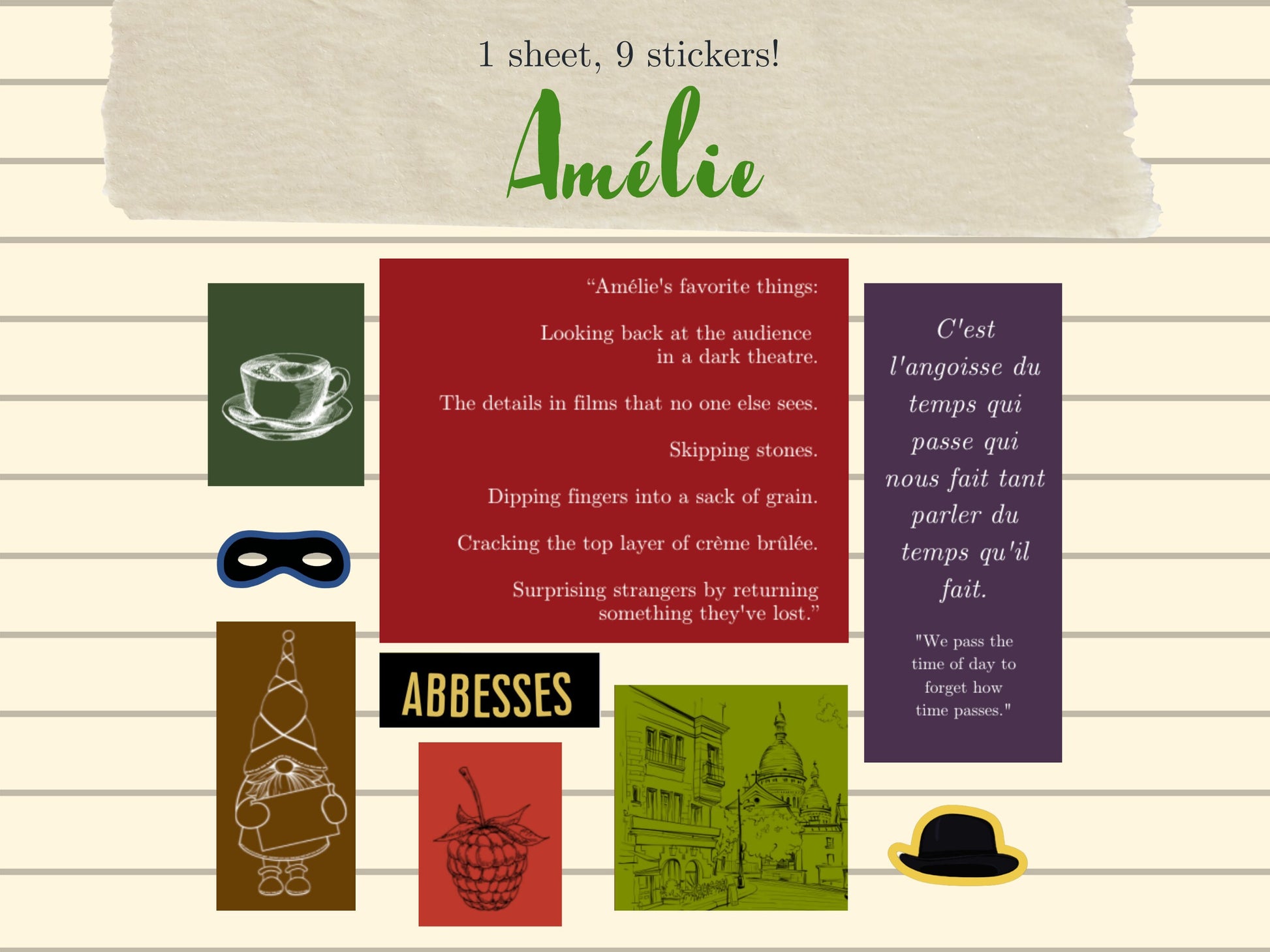 Amélie Sticker Sheet | French Cinema | Film Lover Gifts